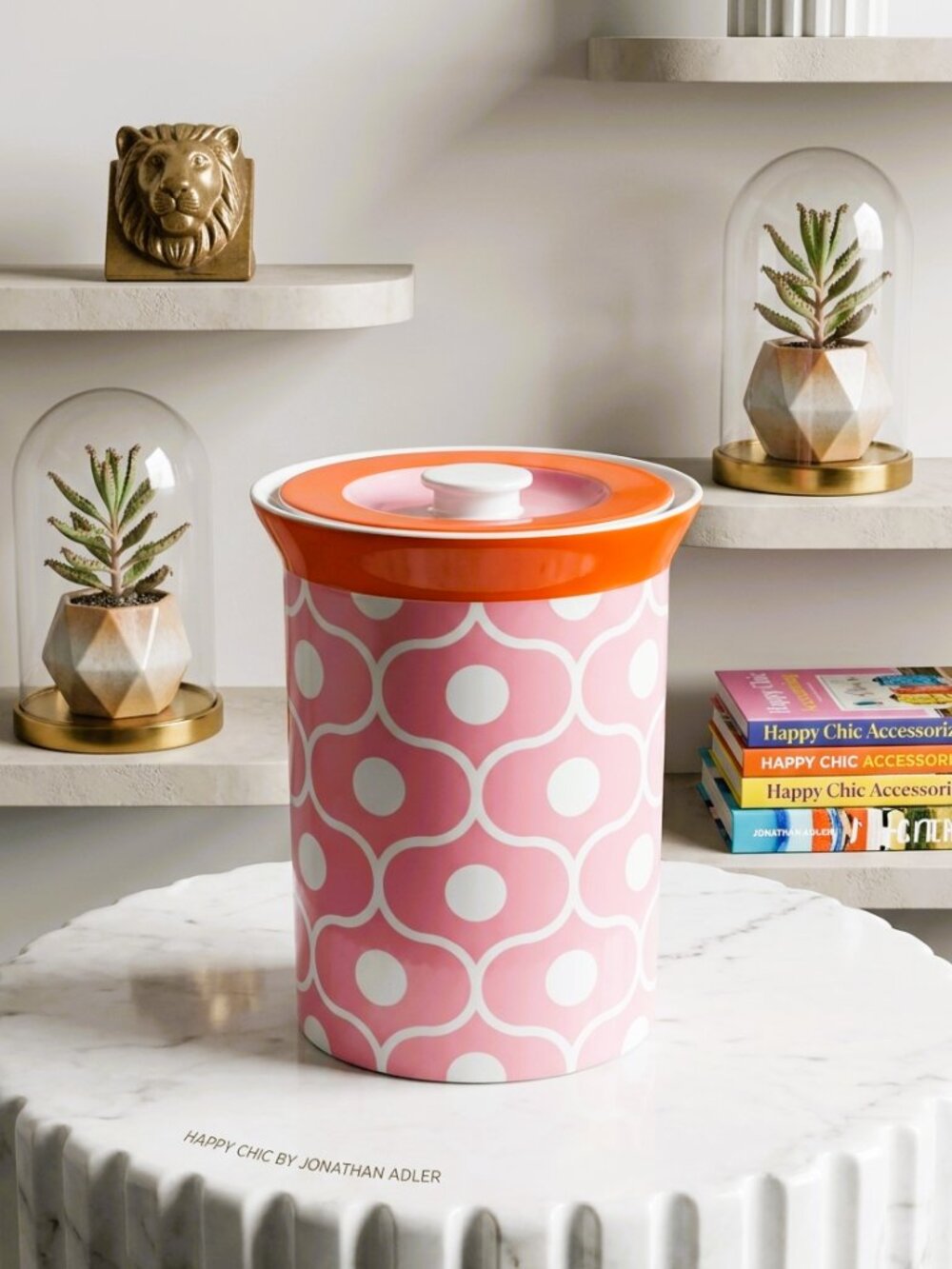 Jonathan Adler Happy Chic Ceramic Canister Pink Orange Retro Geometric WITH LID